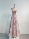 Niulatu A line Straps Sequin Flowers Long Pink Prom Dress Evening Dresses HZ1110