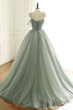 Niulatu green tulle long ball gown with spaghetti straps, sage green sweet 16 dress prom gown HZ0113