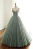 Niulatu green tulle long ball gown with spaghetti straps, sage green sweet 16 dress prom gown HZ0113