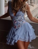 Niulatu A Line V Neck Embroidery Satin Layered Blue Chiffon Homecoming Dress Birthday Dress HZ0113