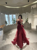 Niulatu Off Shoulder Evening Dress with Bow Burgundy Prom Dress HZ1007