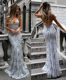 Niulatu lace mermaid long prom dress, gray lace evening dress HZ0113