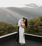 Niulatu Square-Neck White Satin Side Slit Long Evening Dress Formal Prom Dress HZ1007