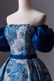 Niulatu Printed Long A-Line Prom Dress Blue Off the Shoulder Formal Evening Dress HZ1007