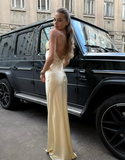 Niulatu Yellow Sheath Spaghetti Strap Satin Open Back Prom Dress Party Dress HZ0113
