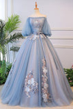 Niulatu blue tulle lace long prom dress blue evening dress HZ1007