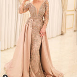 Niulatu prom dresses long sleeve beading sequins detachable train crystal beading evening dresses HZ1007