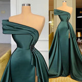 Niulatu Long Satin Evening Dresses Wear Elegant Ruched Crystal Beads Split One Shoulder Evening Gowns Formal Women Prom Dresses HZ1007