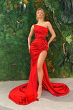 Niulatu Mermaid Ruffled Slit Red Satin Long Prom Dresses Chic Evening Dresses HZ1007