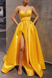 Niulatu Sweetheart Neck Yellow Satin Long Prom Dress Long Yellow Formal Graduation Evening Dress with Slit HZ1007