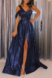 Niulatu Blue One-Shoulder Sequins Prom Dresses Sexy A-Line Side-Slit Cheap Evening Gowns HZ1007