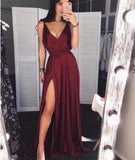 Niulatu Burgundy V-Neck Satin Prom Dress Long Evening Dress With Split HZ1007