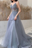 Niulatu blue long prom dress with spaghetti straps and beaded bodice evening dress HZ1007
