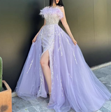 Niulatu Lilac Sequins Tulle Slit Prom Dress Evening Dress With Feathers HZ1007