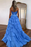 Niulatu Strapless Tiered Ruffles A-line Prom Dress A-line Side Split vestidos de noiva Customized Zip Back Chiffon Evening HZ1007