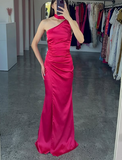 Niulatu One Shoulder Hot Pink Satin Sheath Prom Dress Long Evening Dress HZ1007
