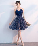 Niulatu blue v neck tulle sequin short prom dress, blue homecoming dress HZ0113
