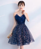 Niulatu blue v neck tulle sequin short prom dress, blue homecoming dress HZ0113