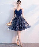 Niulatu blue v neck tulle sequin short prom dress, blue homecoming dress HZ0113