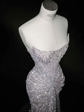 Niulatu Lilac Tulle Beaded Prom Dress Strapless Mermaid Evening Dress HZ1007