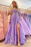 Niulatu Lavender Spaghetti Straps A-Line 3D Lace Floral Long Prom Dress A Line Evening Dress HZ1007