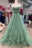 Niulatu Strapless Floral Long Prom Dresses Green Formal Dresses Green Tulle Evening Dresses HZ1007