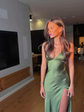 Niulatu Spaghetti Straps Green Prom Dress Long Slit Evening Dress HZ1007