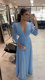 Niulatu Blue Long Sleeve Chiffon Prom Dress Evening Dress HZ1007