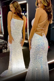 Niulatu Spaghetti Straps Mermaid White Sequin Prom Evening Dress HZ1007