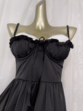 Niulatu A line Spaghetti Straps Black Vacation Dress Satin Birthday Dresses SD0016