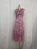 Niulatu A line V neckline Pink Rose Travel Vacation Floral Beach Dress Birthday Outfits SD0018