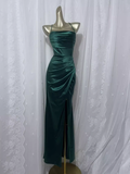 Niulatu Sheath Spaghetti Straps Dark Green Vacation Dress Satin Birthday Dresses SD0023