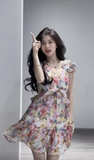 Niulatu A line V Neckline Floral Chiffon Travel Vacation Beach Dress Short Dress SD0024