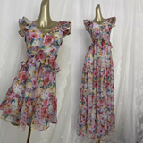 Niulatu A line V Neckline Floral Chiffon Travel Vacation Beach Dress Short Dress SD0024