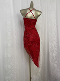 Niulatu Sheath Straps Floral Red Travel Vacation Beach Dress Short Birthday Dress SD0026