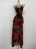 Niulatu A line Spaghetti Straps Red Rose Travel Vacation Floral Beach Dress Long Dress SD005
