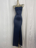 Niulatu Sheath Spaghetti Straps Navy Blue Long Vacation Dress Birthday Dresses SD0074