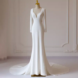 Niulatu Mermaid V Neckline Satin Ivory Long Sleeves Wedding Dresses SD0077