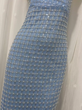 Niulatu Sheath Straplesss Blue Sequin Slit Vacation Dress Long Birthday Outfits SD007