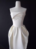 Niulatu A line Strapless Satin White Tea Length Wedding Dresses Brides Dress SD0086