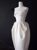 Niulatu A line Strapless Satin White Tea Length Wedding Dresses Brides Dress SD0086
