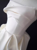 Niulatu A line Strapless Satin White Tea Length Wedding Dresses Brides Dress SD0086