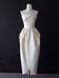 Niulatu A line Strapless Satin White Tea Length Wedding Dresses Brides Dress SD0086