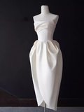 Niulatu A line Strapless Satin White Tea Length Wedding Dresses Brides Dress SD0086