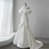 Niulatu Mermaid Off The Shoulder Satin White Long Wedding Dresses Brides Dress SD0087