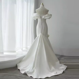 Niulatu Mermaid Off The Shoulder Satin White Long Wedding Dresses Brides Dress SD0087