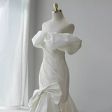 Niulatu Mermaid Off The Shoulder Satin White Long Wedding Dresses Brides Dress SD0087