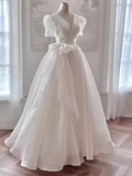 Niulatu Ball Gown V Neckline Chiffon White Long Wedding Dresses Brides Dress SD0089