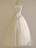 Niulatu Ball Gown Bateau White Tea Length Wedding Dresses Brides Dress SD0090
