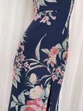 Niulatu Sheath Spaghetti Straps Blue Rose Travel Vacation Floral Beach Dress Long Dress SD009